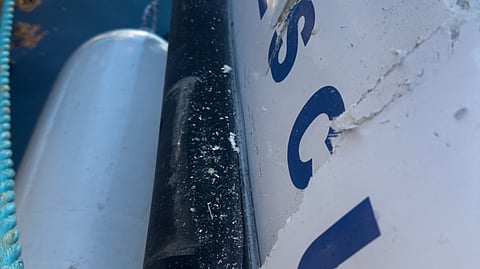 Close-up of port side damage suffered by Eden 30