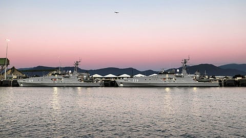 The Royal Australian Navy Evolved Cape-class patrol boats HMAS Cape Spencer (left) and HMAS Cape Hawke