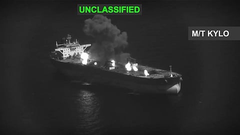 The Iranian tanker Kylo ablaze after a strike by US forces