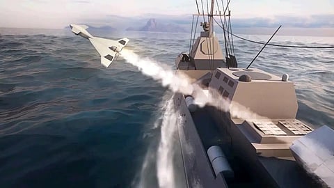 Artist's impression of a Harop loitering munition being launched from a ship at sea