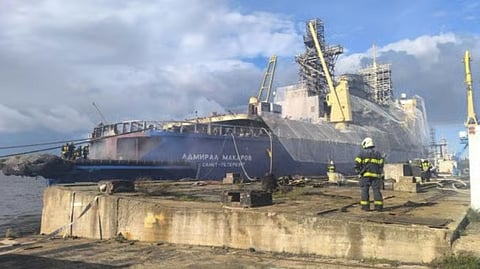 The Russian icebreaker Admiral Makarov after she suffered an onboard fire while undergoing repairs at a shipyard in Saint Petersburg on September 5, 2026