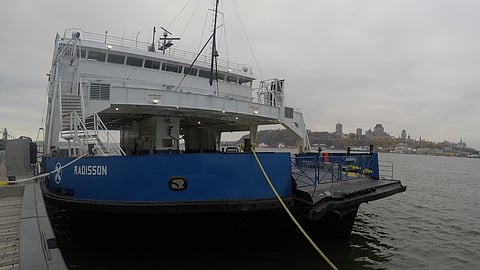 The passenger ferry Radisson after striking the wharf upon arrival at the port of Québec, Quebec, on October 18, 2024