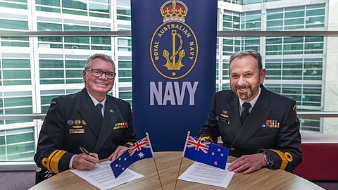Signing of the Plan Tasman frame agreement, September 21, 2026. L-R: Rear Admiral Darren Grogan, Deputy Chief of the Royal Australian Navy, and Commodore Karl Woodhead, Deputy Chief of the Royal New Zealand Navy