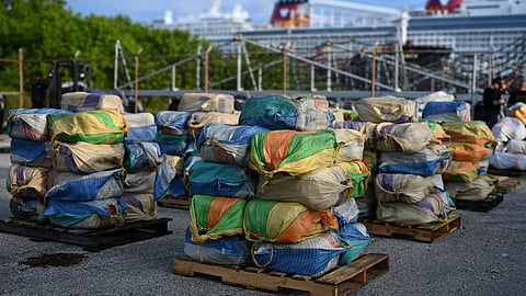 Pallets of seized narcotics after being offloaded from the US Coast Guard medium endurance cutter USCGC Escanaba in Port Everglades, Florida, September 21, 2026. The narcotics were seized during recent separate interdictions in the Caribbean Sea by the crews of Escanaba and the Sentinel-class fast response cutter USCGC Richard Dixon.