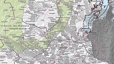 Partial map of South Kivu province, Democratic Republic of the Congo. The provincial capital Bukavu is on the right.