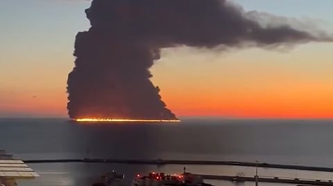 The burning oil that had supposedly spilled from the tanker Aframax Rio after it suffered an onboard fire while off Sochi, Russia, October 6, 2026