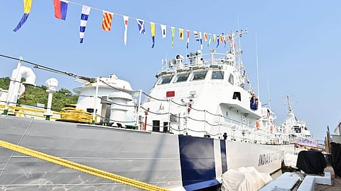 The Indian Coast Guard Adamya-class fast patrol vessel ICGS Ajit at her commissioning ceremony, October 9, 2026