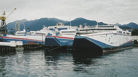 PacifiCat Explorer, PacifiCat Discovery, and PacifiCat Voyager docked in North Vancouver, October 5, 2005