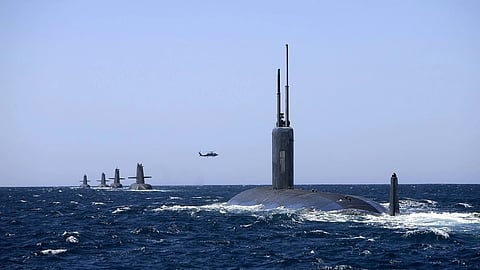 The US Navy Los Angeles-class submarine USS Santa Fe joins the Royal Australian Navy Collins-class Submarines HMAS Collins, HMAS Farncomb, HMAS Dechaineux, and HMAS Sheean in formation in the West Australian Exercise Area, February 18, 2019.