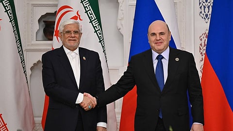 Iranian First Vice-President Mohammad Reza Aref and Russian Prime Minister Mikhail Mishustin in Dushanbe, Tajikistan, October 19, 2026