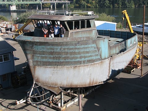 The Alaska limit-seiner Magnus Martens under construction at the Fred Wahl Marine in 2012 in Oregon shows the flexibility afforded by steel in maximising the dimensions of a vessel. Photo: Wahl Marine