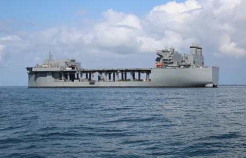 The expeditionary sea base USNS (later USS) Hershel "Woody" Williams during mine countermeasures equipment testing in Chesapeake Bay on September 15, 2019 (Photo: US Navy/Bill Mesta)