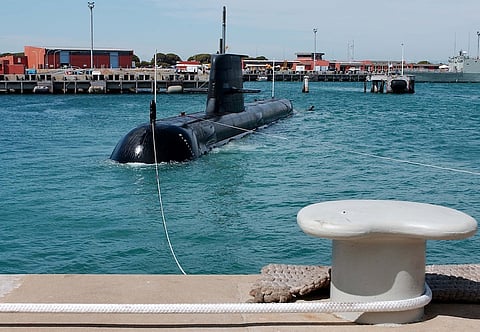 Submarine HMAS Collins conducting basin trials between Diamantina and Parkes Wharf at Fleet Base West. Photo: DoD