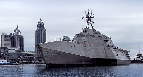 The future USS Oakland as it sails out of Austal USA's Mobile shipyard for acceptance trials on May 20, 2020 (Photo: Austal USA)