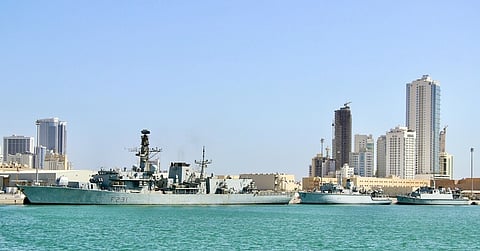 The Royal Navy frigate HMS Argyll (left) berthed quayside at UK Naval Support Facility Bahrain along with the minesweepers HMS Brocklesby and HMS Shoreham (Photo: Royal Navy)