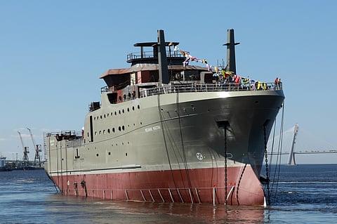 The Russian factory trawler Mekhanik Maslak being launched into the water at Admiralty Shipyards in Saint Petersburg, June 2020 (Photo: United Shipbuilding Corporation)