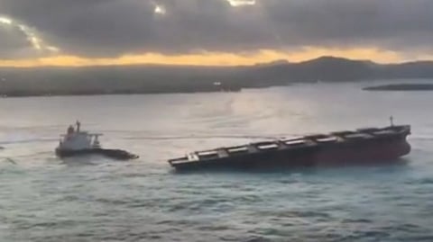The grounded bulk carrier Wakashio after it split in two off Mauritius on August 15, 2020 (Photo: Mr Sébastien Lecornu, French Minister of Local Authorities)