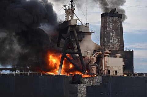 The burning superstructure of the very large crude carrier New Diamond on September 4, 2020, one day following a fatal explosion in its engine room while underway off Sri Lanka (Photo: Indian Coast Guard)