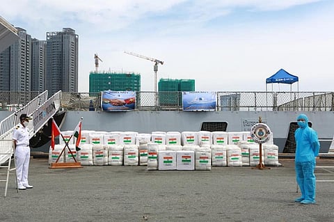 Aid material offloaded by the Indian Navy corvette INS Kiltan at Nha Rong Wharf, Ho Chi Minh City (Photo: Indian Navy)