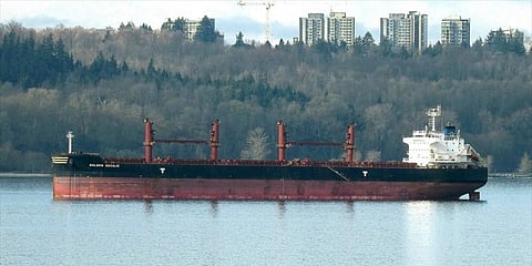 The Hong Kong-flagged bulk carrier Golden Cecilie in English Bay, British Columbia, two days after the March 30, 2020 collision with the Liberian-flagged bulk carrier Green K-Max 1 (Photo: MarineTraffic.com/Max Wei)