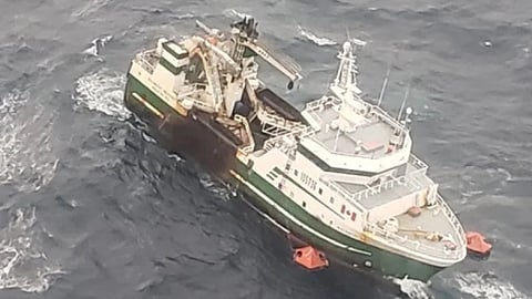 The trawler Atlantic Destiny after it suffered an onboard fire necessitating the rescue of the entire 31-strong crew, March 2, 2021. The vessel sank the following day. (Photo: Joint Rescue Coordination Centre Halifax)