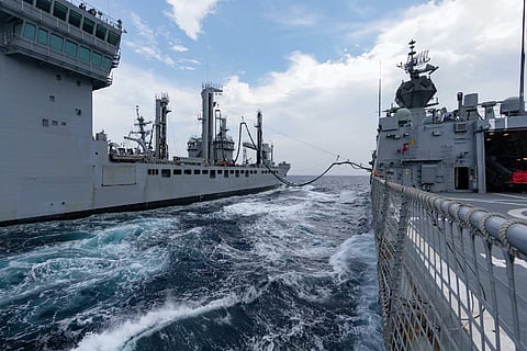 The Royal Australian Navy frigate HMAS Ballarat (right) and the Indian Navy fleet tanker INS Shakti conduct a replenishment at sea during Exercise Malabar, November 2020. (Photo: Australian Department of Defence)
