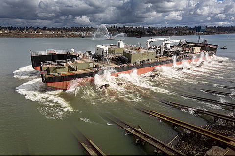 Oregon builder launches Crowley Fuels’ newest petroleum tank barge