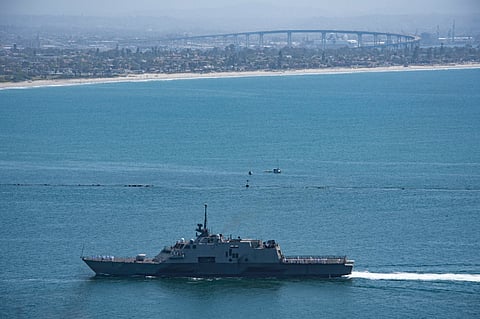 The US Navy littoral combat ship USS Freedom returns to San Diego, California, on April 12, 2021, to bring its final operational deployment to a close. (Photo: US Navy/Mass Communication Specialist 2nd Class Jessica Paulauskas)