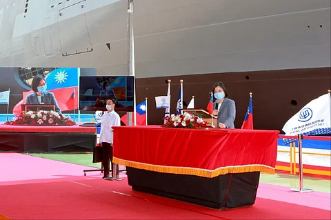 Taiwanese President Tsai Ing-wen was guest of honour at the launching and naming ceremony of the future RoCS Yushan on April 13, 2021. (Photo: CSBC Corporation)
