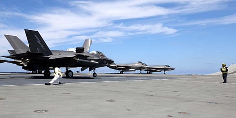 A Royal Air Force F-35B Lightning II stealth fighter about to begin its take-off roll from the flight deck of the aircraft carrier HMS Queen Elizabeth somewhere in the Mediterranean on June 18, 2021 (Photo: Royal Navy)