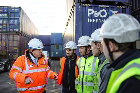 UK Prime Minister Boris Johnson talks with port employees at the official opening ceremony of Tilbury2, the Forth Ports Group's newest freight-optimised facility on the River Thames, on January 31, 2022. (Photo: Forth Ports Group)