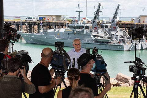 Prime Minister Scott Morrison conducts a press conference during his visit to HMAS Coonawarra in Darwin. (Photo: RAN/Petty Officer Peter Thompson)