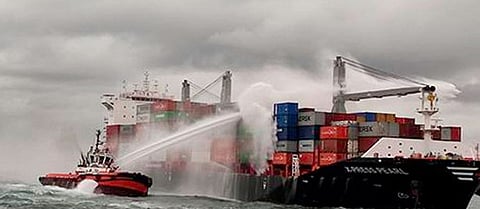 The containership X-Press Pearl after it caught fire off Sri Lanka on May 20, 2021 (Photo: Sri Lanka Navy)