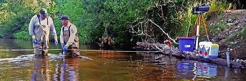 Two scientists conduct sea lamprey control activities in Bear Creek, Wisconsin. (Photo: Great Lakes Fishery Commission)