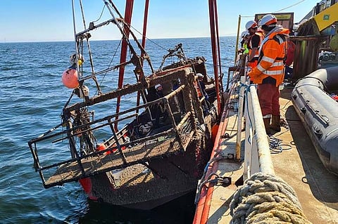 The wreckage of the fishing vessel Nicola Faith after being recovered from the seabed off the Welsh coast in June 2021 (Photo: MAIB)