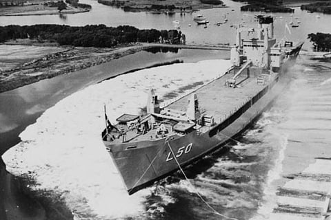 HMAS Tobruk being launched into the water at Carrington Slipways in 1980 (Photo: Royal Australian Navy)