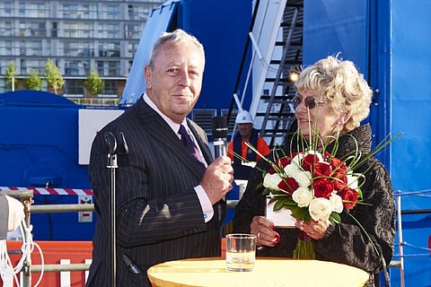 Allan Brunton-Reed, founder of The ABR Company, and his wife Elizabeth at the naming ceremony for a new tug at the 2015 Tugnology conference in London (Photo: Damen)
