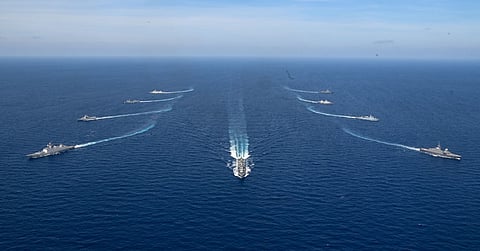 Naval ships participating in manoeuvres during the ASEAN-India Maritime Exercise (AIME) in early May 2023 (Photo: Ministry of Defence of Singapore)