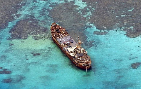 The Philippine Navy tank landing ship BRP Sierra Madre at Second Thomas Shoal in the Spratly Islands, July 27, 2023. The ship was deliberately grounded on the shoal in 1999 and has since remained there as a forward outpost to support Manila's territorial claim in the area. (Photo: Armed Forces of the Philippines)