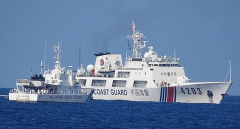 A China Coast Guard ship obstructs the Philippine Coast Guard response vessel BRP Malabrigo as it provided support during a Philippine Navy operation near Second Thomas Shoal in the disputed South China Sea, June 30, 2023. (Photo: Philippine Coast Guard)