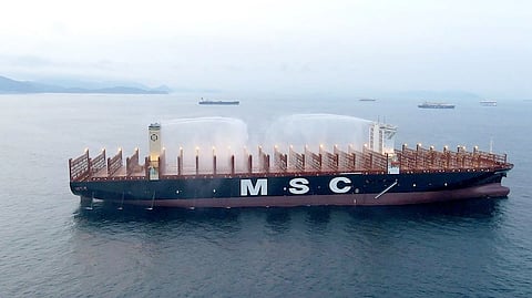 The MSC Gülsün vessels use the world’s first on-deck firefighting monitors – fixed water cannons to slow and stop the spread of fire by cooling, which have a reach of more than 100 metres. Photo: MSC