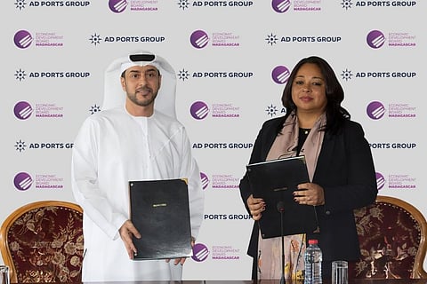 Mohamed Eidha Al Menhali, Regional CEO of the AD Ports Group, and Josielle Rafidy, General Manager of the Economic Development Board of Madagascar, at the signing of a memorandum of understanding on exploration of maritime development opportunities in Madagascar, May 30, 2024 (Photo: AD Ports Group)
