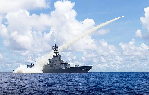 The Royal Australian Navy air warfare destroyer HMAS Sydney became the first Hobart-class destroyer to strike a land target with a Harpoon surface-to-surface missile during Exercise Pacific Vanguard 22. (Photo: Australian Department of Defence)