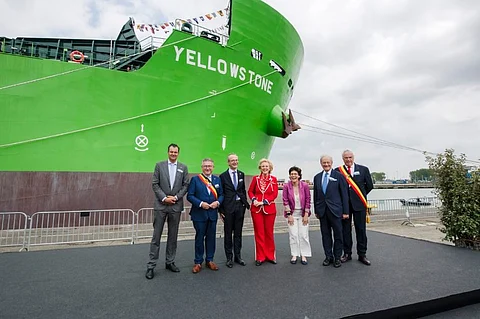 Her Royal Highness Princess Astrid, Princess of Belgium (fourth from left), and other guests at the formal naming ceremony of Yellowstone, DEME's new fallpipe vessel, on June 4, 2024 (Photo: DEME)