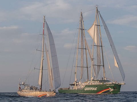 The Greenpeace sailing vessels Rainbow Warrior and Witness side-by-side in the Mediterranean (Photo: Greenpeace/Mariza Karidi)