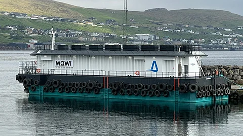Mowi's new feed barge, currently deployed in the Faroe Islands (Photo: GroAqua)