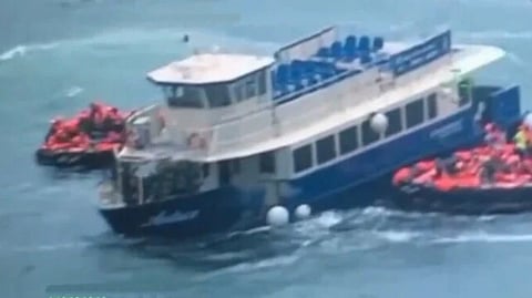 Passengers and crew evacuate into waiting liferafts after the ferry Audace suffered water ingress in the Gulf of Trieste off Italy on June 12, 2024. (Photo: Italian Coast Guard)