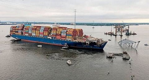 Dali being refloated and moved away from the collapsed Francis Scott Key Bridge, May 20, 2024 (Photo: Key Bridge Response Unified Command)