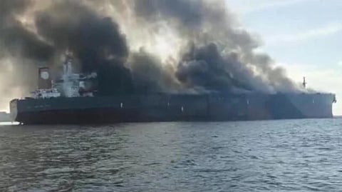 The Gabonese-flagged tanker Pablo becomes engulfed in smoke after it suffered an onboard explosion off southern Malaysia, May 1, 2023. (Photo: Malaysian Maritime Enforcement Agency)
