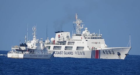 A China Coast Guard patrol ship blocks the passage of the Philippine Coast Guard multi-role response vessel BRP Malabrigo while the latter is escorting a resupply effort to forward-deployed Philippine troops on the disputed Spratly Islands, June 30, 2023. (Photo: Philippine Coast Guard)